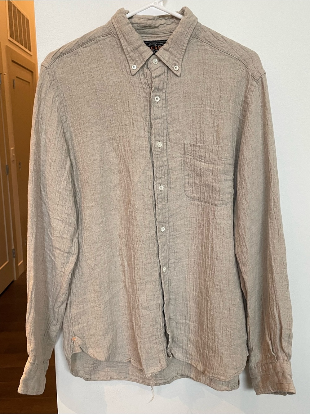 Men's Tan Button-Down Linen Long-Sleeve Shirt
